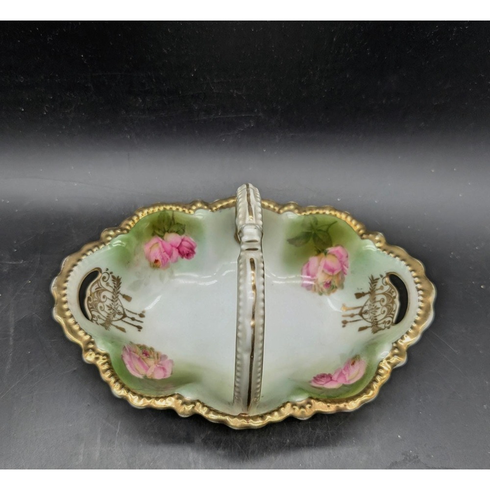 Antique Schwarzburg German Porcelain Rose Basket Divided Candy Dish Gold Gilt